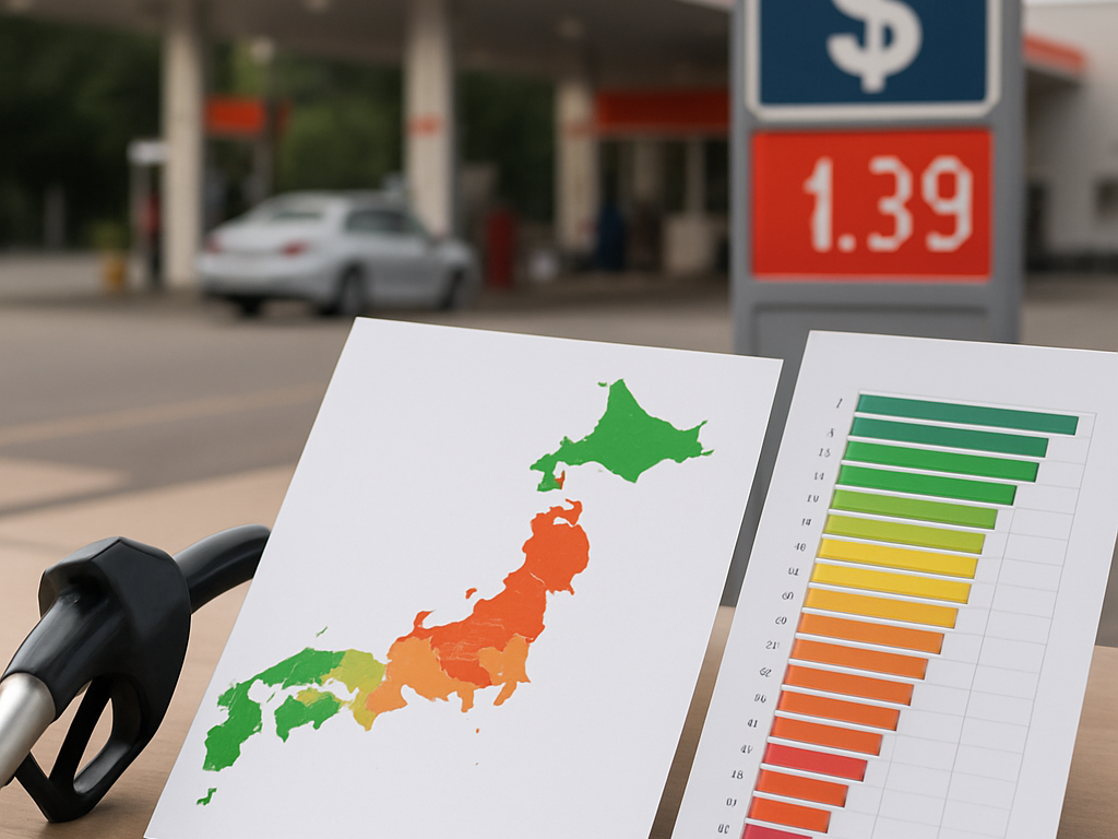製油所の白い貯蔵タンク群と走るタンクローリー、供給経路の違いを示唆