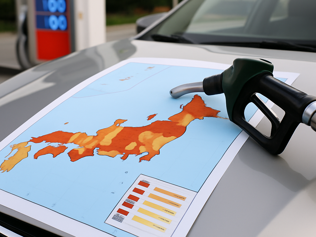運転席でスマホの地図に表示されたルートと給油ピンを確認し安い店を選択