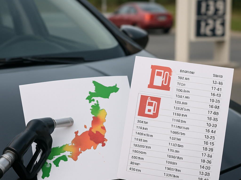 日本地図に給油ピンが点在し、県別の価格差の行方を示唆する俯瞰構図