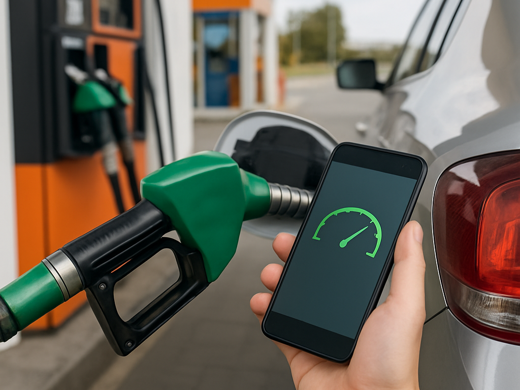 無地のガソリンスタンドで車にノズルを差し、早めの給油を習慣化