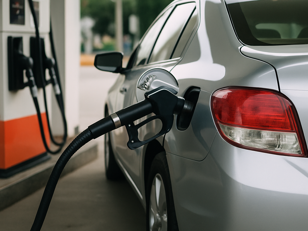 夕暮れの無印ガソリンスタンドで、給油機前に車が順番待ちしている